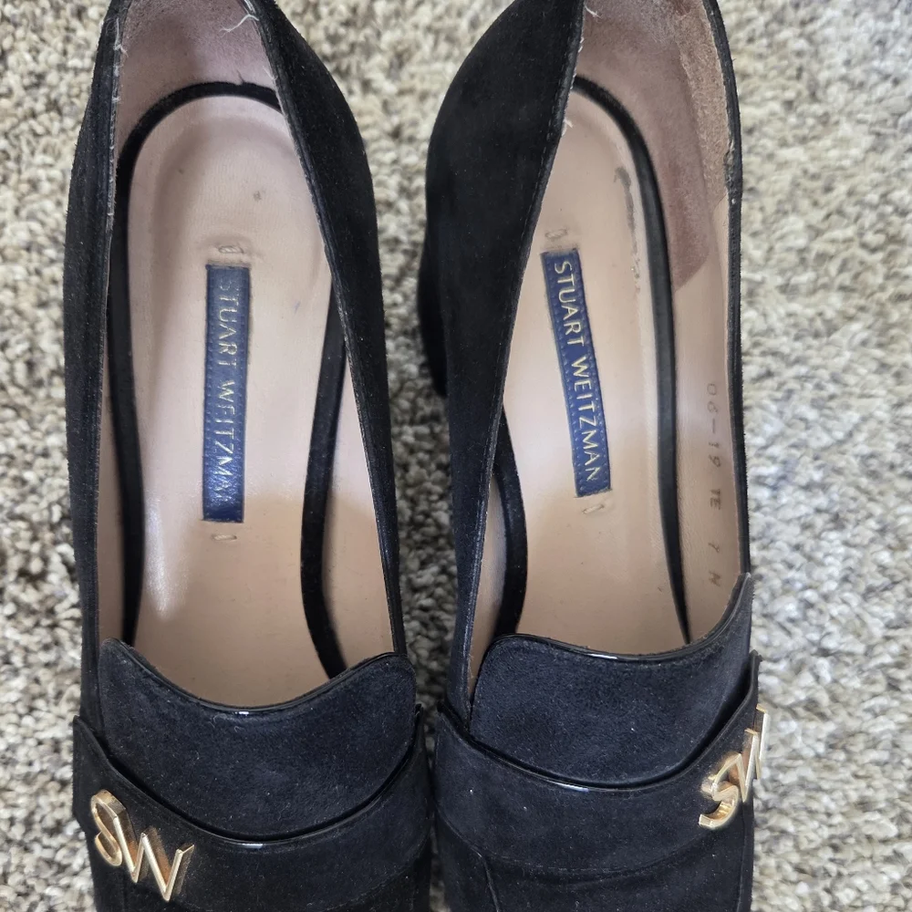 Stuart Weitzman Women's Frances Pump Block Heel Suede Monogram Loafers Size 7‎